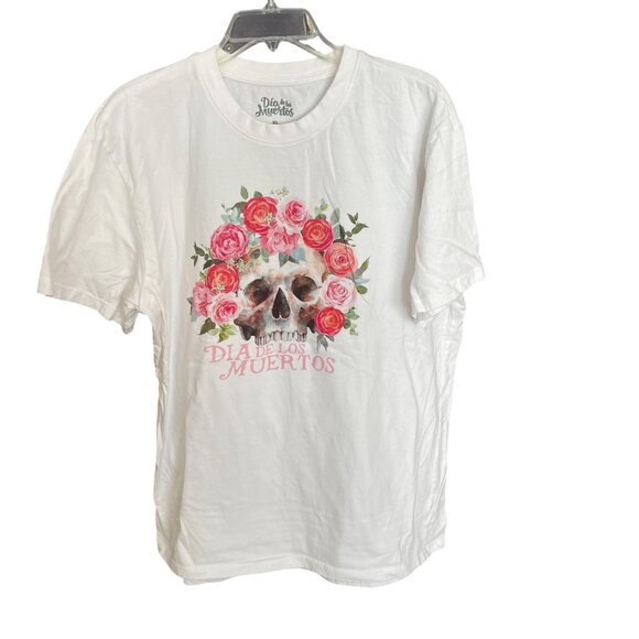 Dia De Los Muertos White T-Shirt With Skull & Floral Design Short Sleeve Crew Ne - Picture 1 of 4